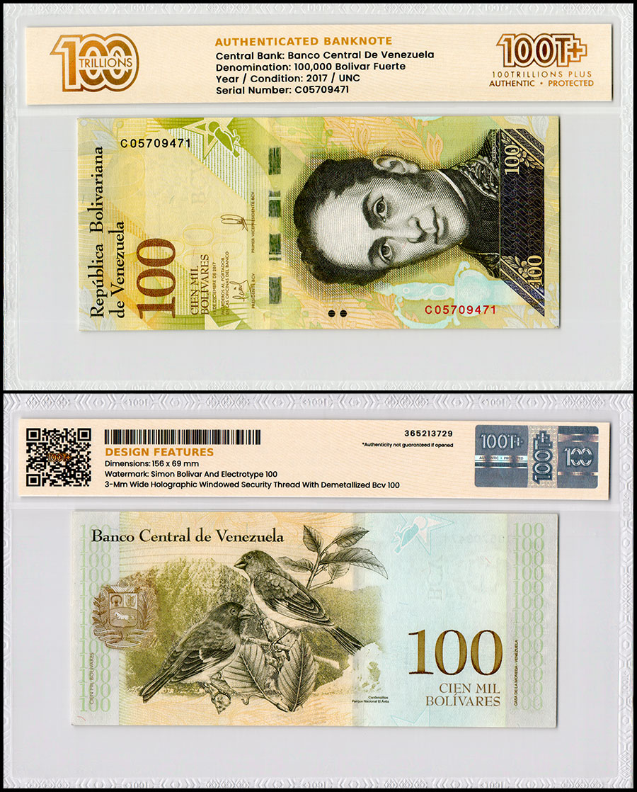 Venezuela 100,000 Bolivar Fuerte, 2017, P-100b.4, UNC, 100T+ Authenticated