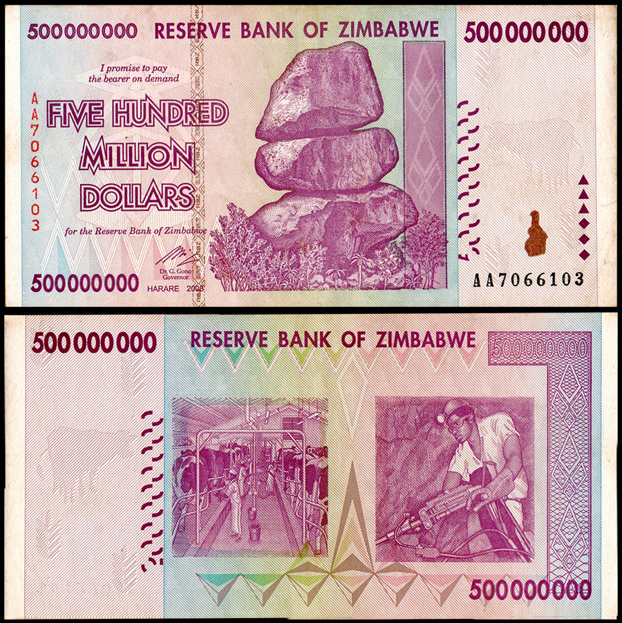 Zimbabwe 500 Million Dollars, 2008, Used - Trillion