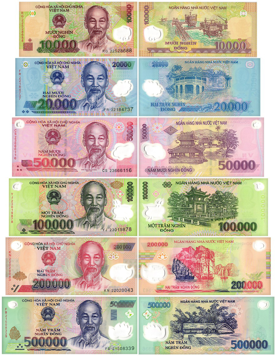 Vietnam 10,000-500,000 Dong 6 Pieces Set, 2003-2023, P-119n-124, UNC,  Polymer - Trillion